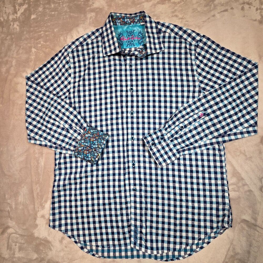 Robert Graham Shirt Men's L Classic Fit Blue Gingham Check 100% Cotton